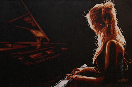 pianiste 1 - 80X60cm - tissu toil&eacute; - vendu