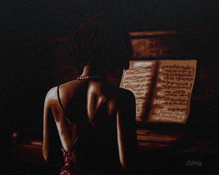 pianiste 2 - 80x65cm - tissu toil&eacute; - vendu